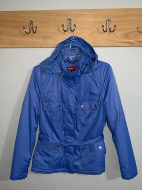 Merona Periwinkle Utility Jacket with Belt and Hideaway Hood Size Large